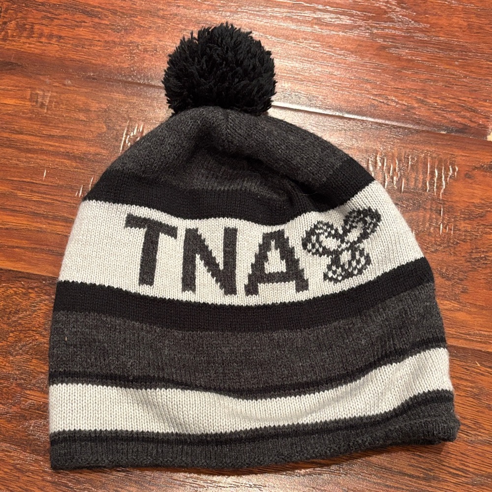 TNA  Charcoal and White Striped Beanie